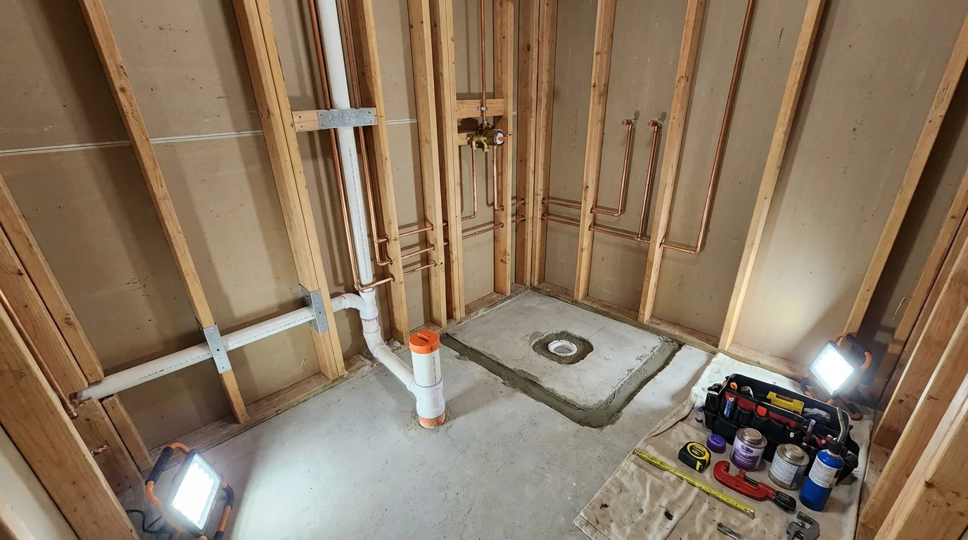 Bathroom rough-in plumbing during remodel by Johns Plumbing LLC in Inyokern