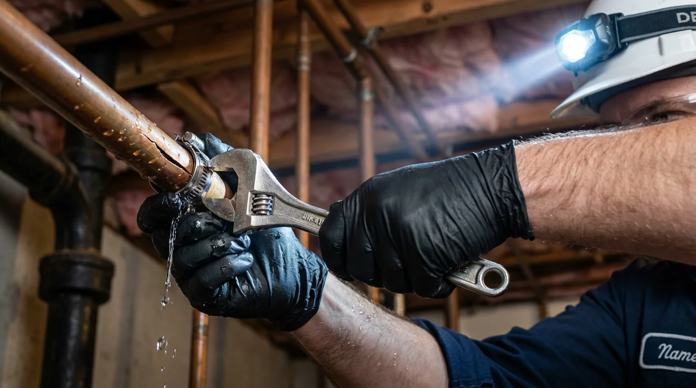 Emergency pipe clamp repair being performed by a Johns Plumbing LLC plumber in Inyokern