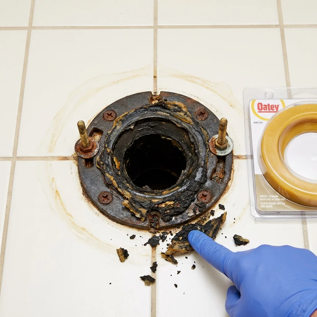 Failed wax ring showing water seepage at the base of a toilet in a Inyokern, CA home