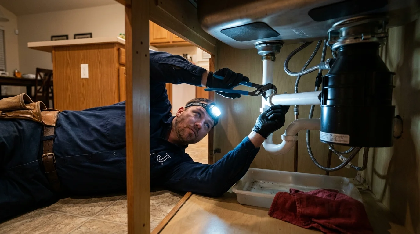 P-trap and supply line connections under a kitchen sink showing a common leak point in Inyokern, CA